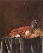 Pieter Gijsels Still life of a lemon,hazelnuts and a crab on a pewter dish,together with a lobster,oysters two wine-glasses,green grapes and a stoneware flagon,all u china oil painting reproduction